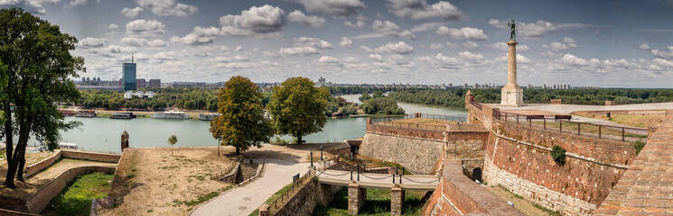 Kalemegdan fortress and Victor monument Belgrade, Usce Sava and Danube confluence view at sunny...