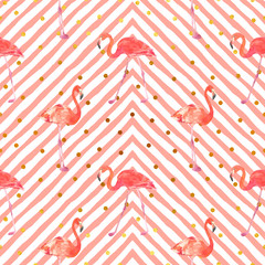 Seamless watercolor pattern with a bird flamingo. Beautiful pink bird, golden dots and stripes. Tropical flamingo. - 217864822