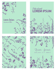 Set of vector cards with ink stamp of herbs on green background