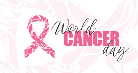 Vector hand-drawn Pink ribbon on white background. Breast cancer awareness month. Banner template