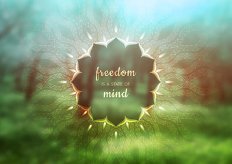 Vector template of banner with inspirational phrase, horizontal format; Spiritual sacred geometry; Mandala and lotus on beauty blurred background with forest; Yoga, meditation and relax.