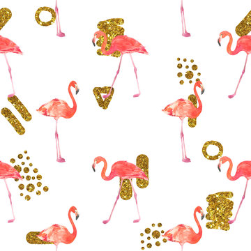 Seamless watercolor pattern with a bird flamingo. Beautiful pink bird, golden figures. Tropical flamingo.