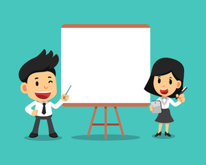 Vector cartoon businessman and businesswoman with blank white board for design.