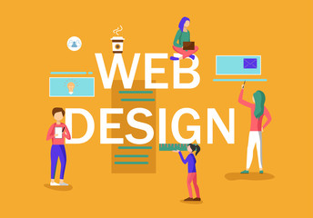 Web design. Designers creating new product. Flat style.