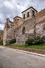 Fototapeta na wymiar External view of Alcazaba Walls - palatial fortress in Malaga built in XI century. Fortress palace, whose name in Arabic means citadel, is one of city's historical monuments. Malaga, Andalusia, Spain.