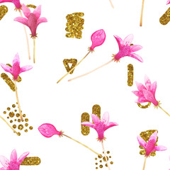 Seamless watercolor pattern with tropical leaves and glitter figures, beautiful hibiscus flowers.