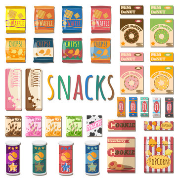Set of different product snacks.Vector illustration cartoon style. Food and drinks design elements isolated on white background.