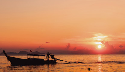 Fototapeta na wymiar Environmental protection concept:Sunset river boat silhouette landscape