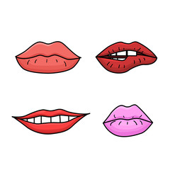 Set of doodle womens lips. Pink and red lipstick. Smiling and kissing