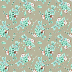 Seamless floral pattern with cotton flowers and eucalyptus branches bouquets, hand drawn on a grey background
