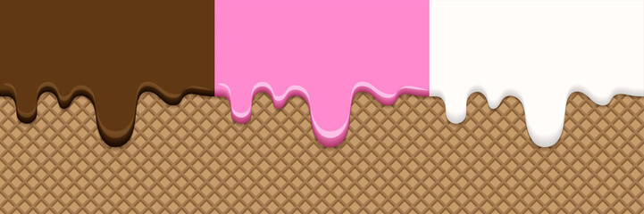 Melting ice cream cone with different flavors, chocolate, strawberry and vanilla. Vector illustration. Seamless horizontal pattern
