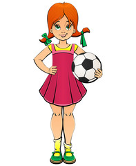 Naughty red-haired girl with a ball for football.