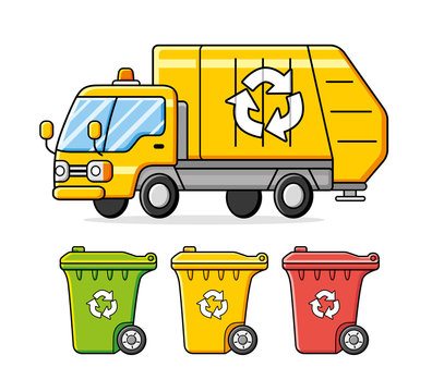 Garbage truck and recycling wheelie trash bin in different colors, vector isolated. Waste management, separation or sorting set.