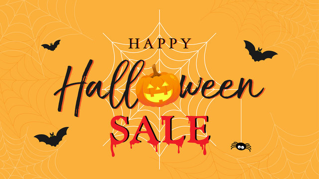 Happy Halloween Sale banner vector illustration. lettering and Halloween pumpkin on orange spider web background. 