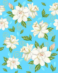 Watercolor seamless pattern with white gardenias on a blue background. Perfectly suitable for drawing on fabric, wallpaper.