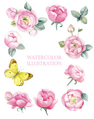 Watercolor set of pink roses with leaves and a yellow butterfly.