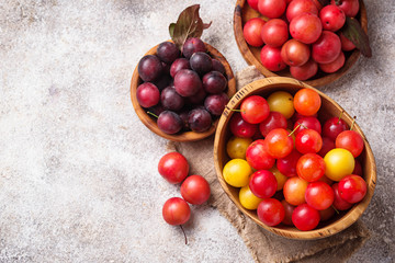 Various type of cherry-plum in wooden bowls 