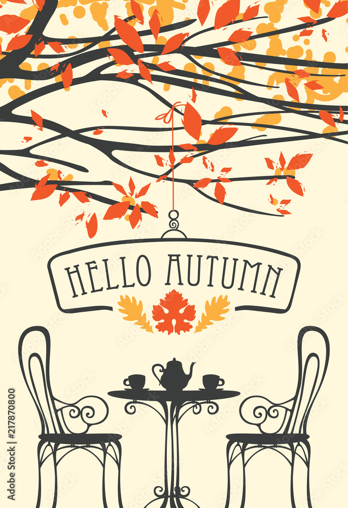 Poster vector banner with words hello autumn in retro style with table for two, chairs, two cups and a kett