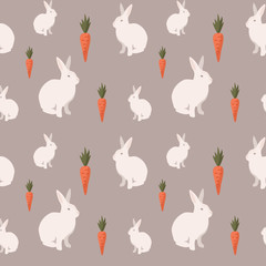 Seamless vector pattern with white rabbits and carrots, Easter pattern with bunnies