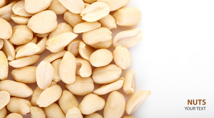 Peeled peanuts on a white background. Healthy food. Nuts.