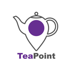 Tea point logo. Tea bar emblem. Teapot or kettle and letters on white background.