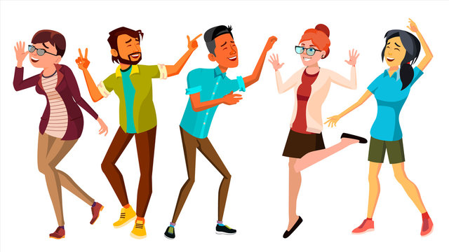 Dancing People Set Vector. Smiling And Have Fun. Free Movement Poses. Isolated Flat Cartoon Illustration