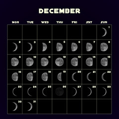 Moon phases calendar for 2019 with realistic moon. December. Vector