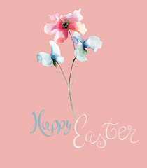 Stylized flowers watercolor illustration with title Happy Easter