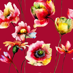Seamless wallpaper of Original watercolor illustration with flowers