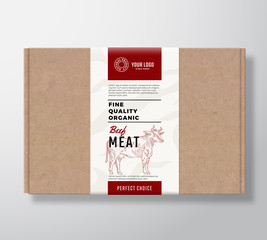 Fine Quality Organic Beef Craft Cardboard Box. Abstract Vector Meat Paper Container with Label Cover. Packaging Design. Modern Typography and Hand Drawn Cow Silhouette Background Layout.