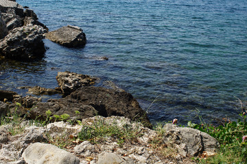 Rocky bay with giant boulders and wild herbs