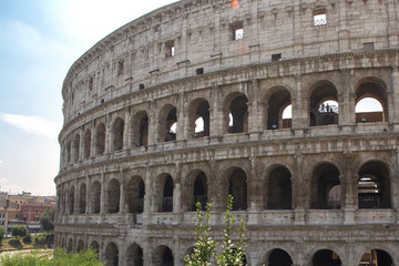 Naklejka premium Detail of the Colosseum, known as Amphitheatrum Flavium, symbol of the city of Rome, of Italy and one of the seven wonders of the world. In ancient times it was used for gladiatorial shows.