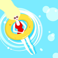 Woman in a swimsuit lying in the sun in a swimming pool in a lifebuoy and relaxing. Vector illustration. Flat design.