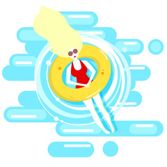 Woman in a swimsuit lying in the sun in a swimming pool in a lifebuoy and relaxing. Vector illustration. Flat design.