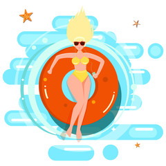 Woman in a swimsuit lying in the sun in a swimming pool in a lifebuoy and relaxing. Vector illustration. Flat design.