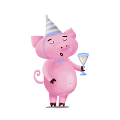 Cute funny pig character in birthday hat holding glass of champagne, singing or giving toast, hand drawn illustration isolated on white background. Cute pig in birthday hat with glass of lemonade