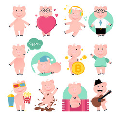 Vector Illustration. Cartoon funny pig. Set of pigs in different style, such as: lover, moviefan, yoga pig, musician, and others