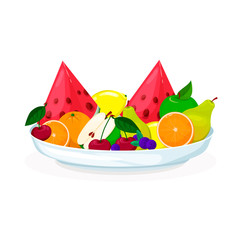 Plate with fruits and berries salad. Fresh healthy food