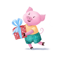 Cute and funny pig, piglet character hurrying to birthday party with big present box, hand drawn illustration isolated on white background. Cute pig character running with Christmas, birthday present