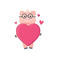 Vector Illustration. Cartoon funny pig. Pig with heart. Love you piglet