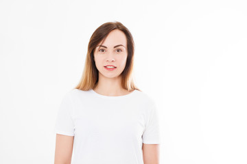 Fototapeta premium close-up portrait young pretty woman smiling in white t-shirt on white background, happy, positive mood, isolated, sincere smile. Copy space