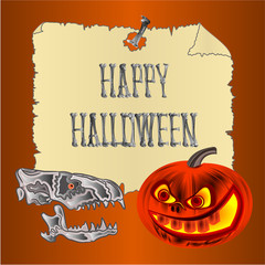 Naklejka premium Happy Halloween inscription of bones scary skull and pumpkin orange holiday background vector illustration editable hand draw