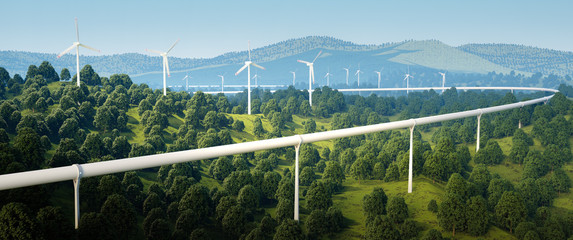 3d rendering of high speed traveling technology and wind turbines in forest landscape.