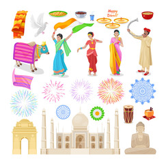 Cultural objects of India. Food, drinks, peoples, monuments, sacred animals.