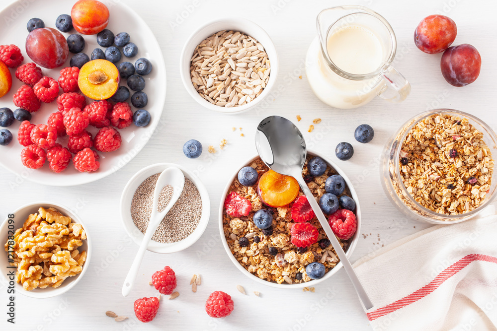 Wall mural healthy granola for breakfast with berry fruit nut, vegan milk