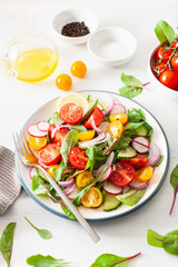 healthy colorful vegan tomato salad with cucumber, radish, onion