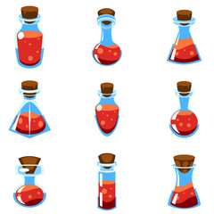 Cartoon vector red potions in bottles of different shape