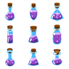 Cartoon vector purple potions in bottles of different shape