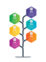 Vertical tree or Timeline infographics. The development and growth of the business. Time line of tendencies and trends graph. Business concept with 6 options, parts, steps or processes.