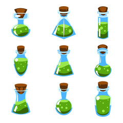 Cartoon vector green potions in bottles of different shape